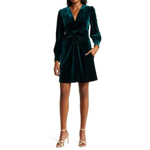 Vince Camuto Size 0 Twist Front Long Sleeve Velvet Dress Jewel Green Wicked - Picture 1 of 14
